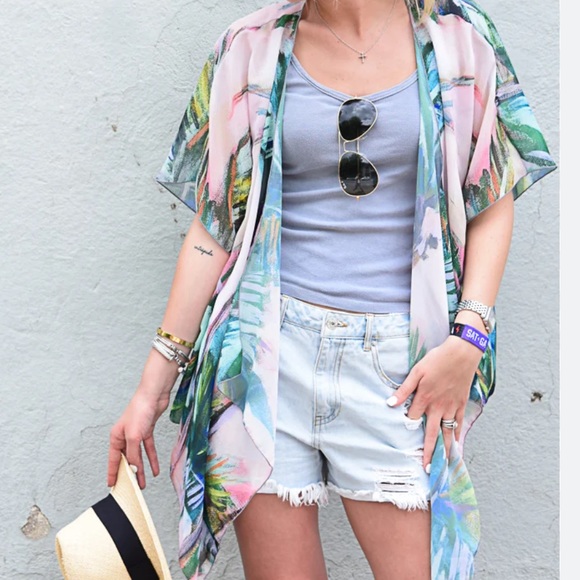 C. Brooke Ring Palm Print Draped Kimono M/L - Picture 1 of 9